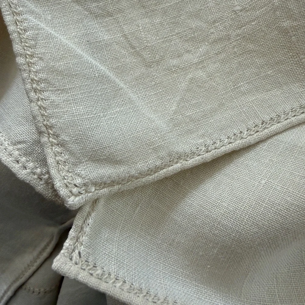Vintage Hand Embroidered Linen Tablecloth Cream Off White Square 34x34 inch